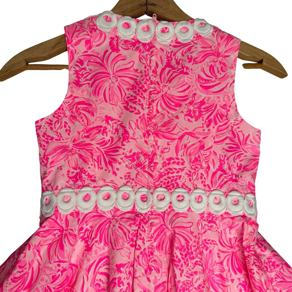 Lilly Pulitzer Girls Pink White Floral Lace Trim Sleeveless Flare Dress Size 8